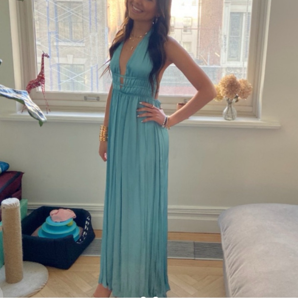 Zara Turquoise Satin Long Dress
